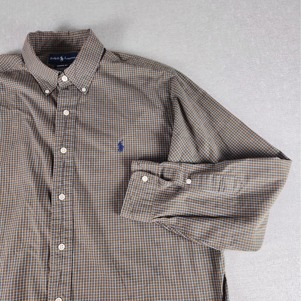 Ralph Lauren Mens Large Classic Fit Plaid Button Down Long Slv Brown Blue Pony
